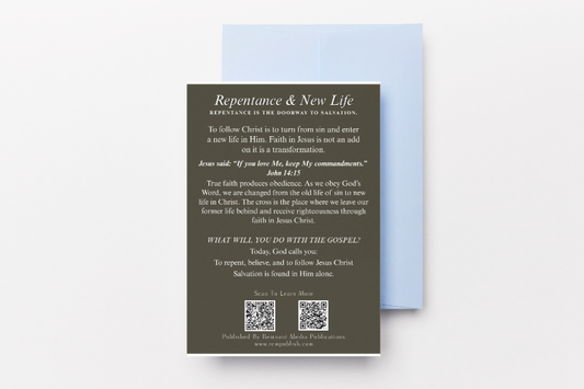 Card with text and QR codes on a light blue background